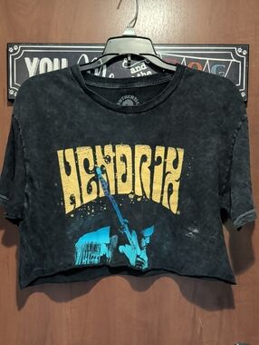 Authentic Hendrix Black Graphic Crop Tee with Yellow & Blue Print